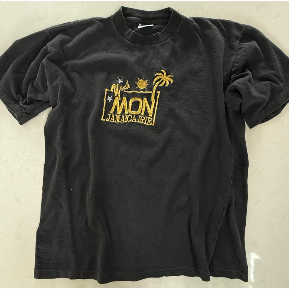 Vintage Single‎ Stitch Yeah Mon Jamaica Irie T Shirt Black XXL Embroidered